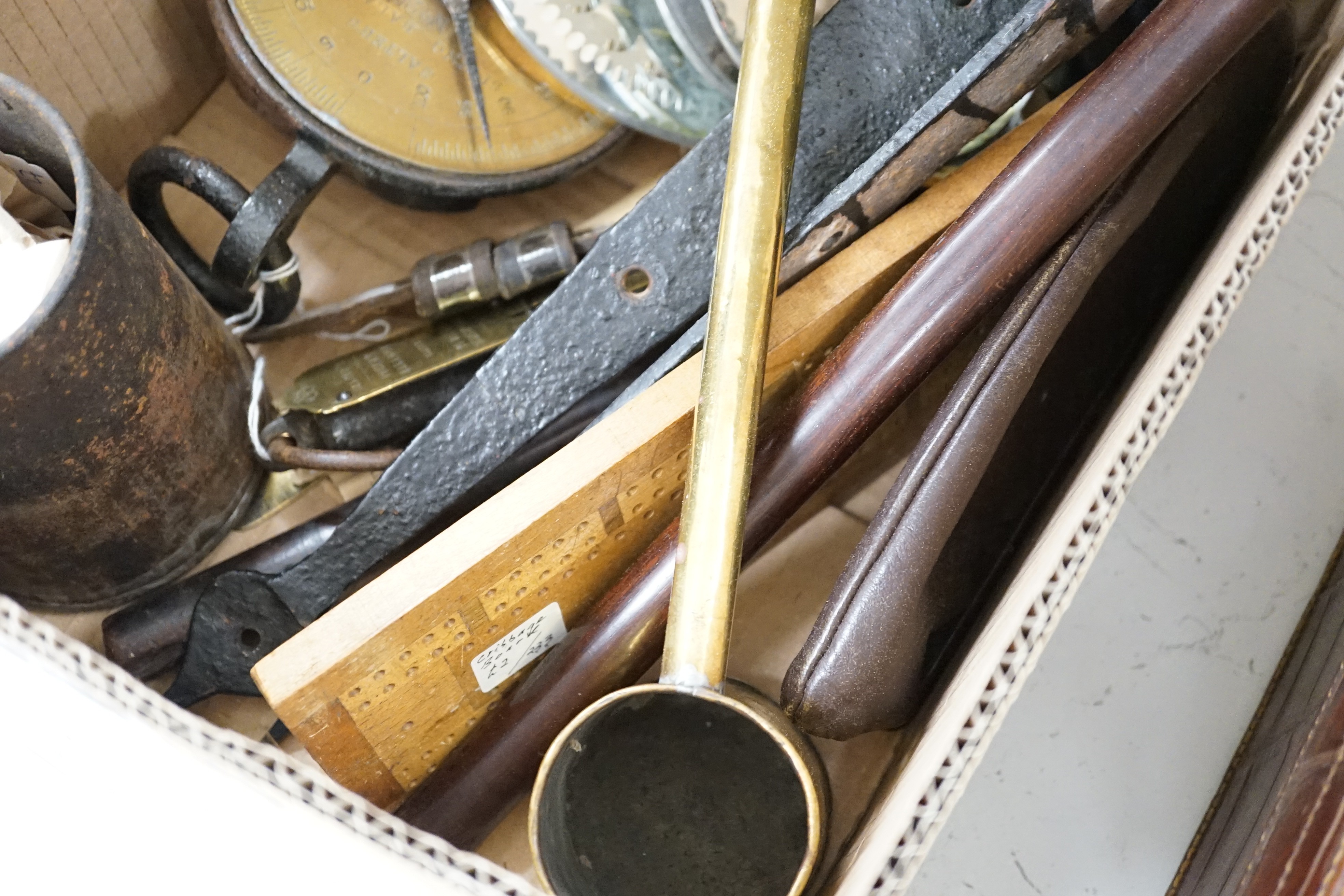 A quantity of collectables including handbags, scales, metal wares etc